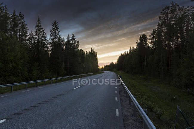 Estrada florestal sob o céu com nuvens na Suécia — Fotografia de Stock