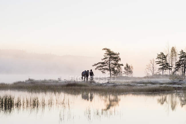 Young woman walking with horse along lake shore — Stock Photo