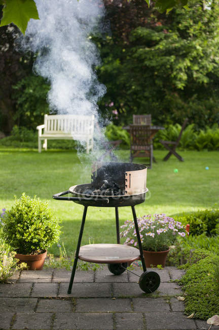 Barbecue grill in backyard, selective focus — Stock Photo