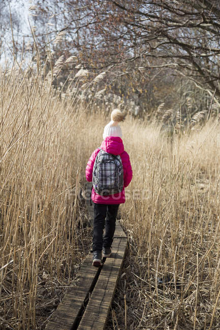 Rear view of girl walking on boardwalk — Stock Photo