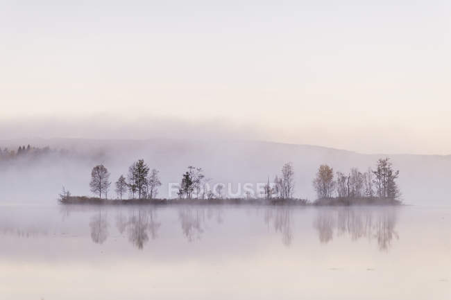 Isla en el lago cubierta de niebla, norte de Europa - foto de stock