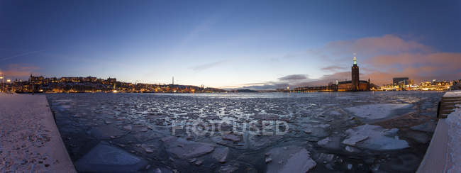 Vista di edifici comunali attraverso l'acqua ghiacciata — Foto stock
