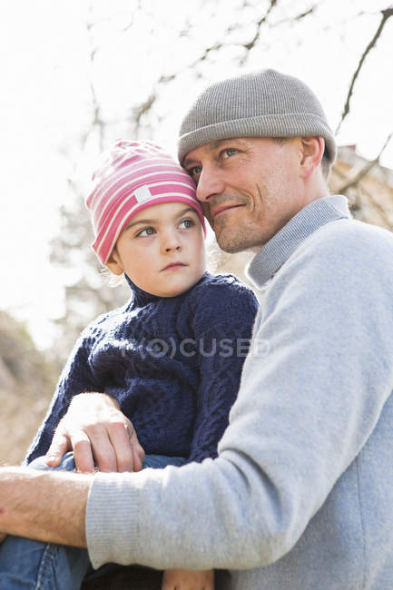 Father and son outdoors, selective focus — Stock Photo