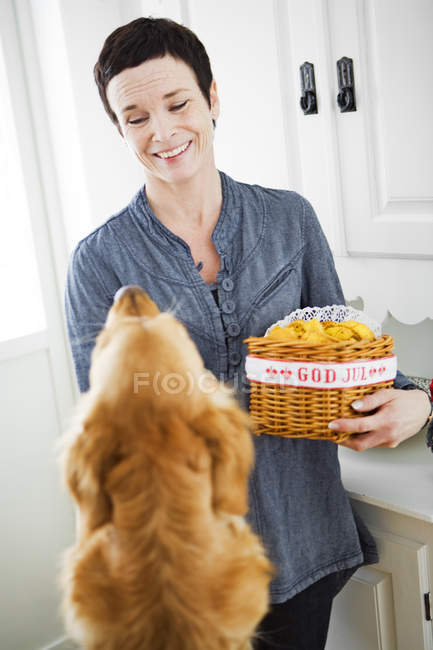 Mulher madura com cão, foco seletivo — Fotografia de Stock