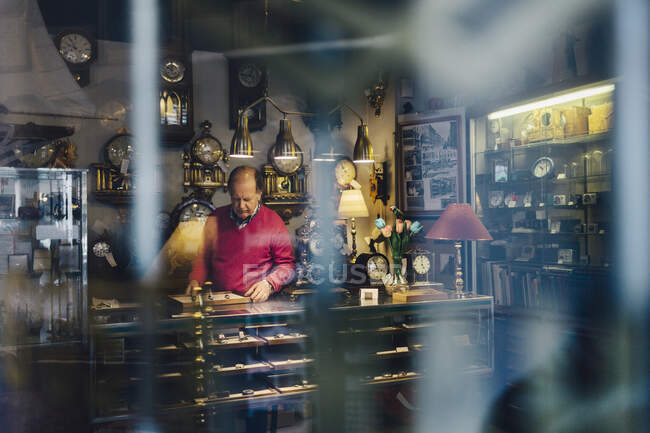 Человек за прилавком в антикварном магазине — стоковое фото