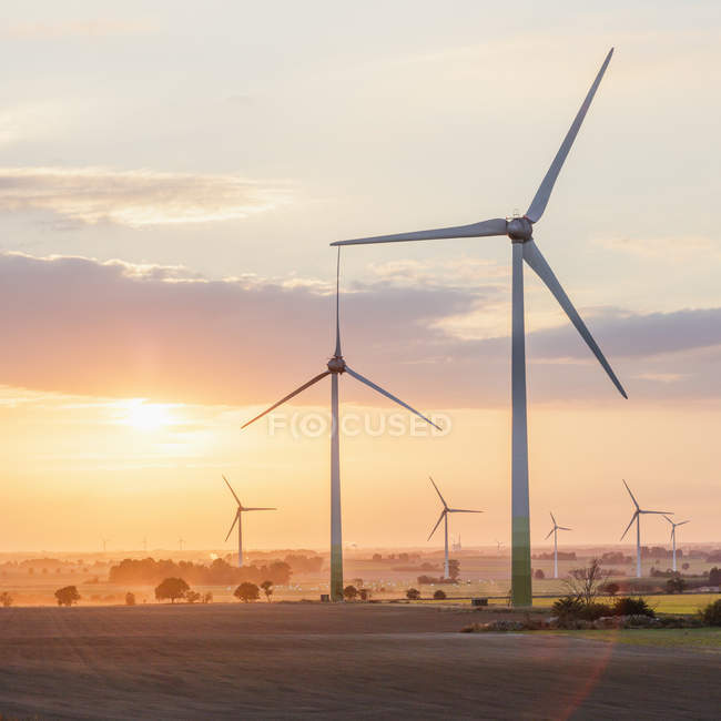 Moinhos de vento fazenda ao pôr do sol, cena rural — Fotografia de Stock