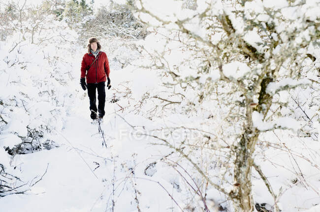 Людина йде по снігу, високий кут огляду — стокове фото