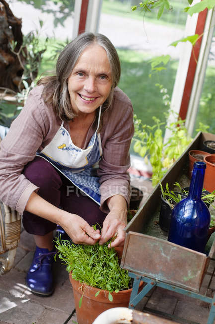 Mulher trabalhando no jardim doméstico, foco em primeiro plano — Fotografia de Stock