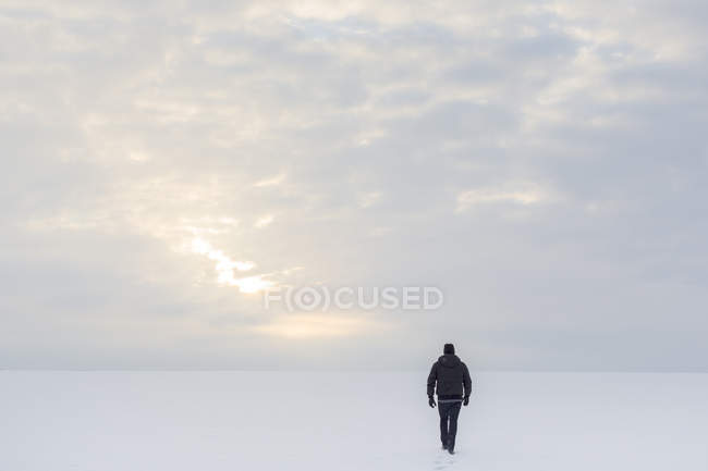 Vue arrière de l'homme mature marchant sur la neige — Photo de stock