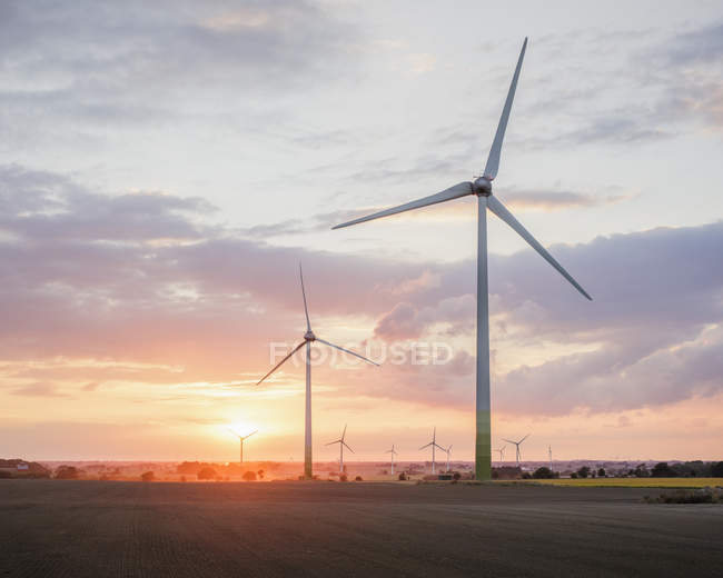 Mulini a vento in fattoria al crepuscolo, scena rurale — Foto stock