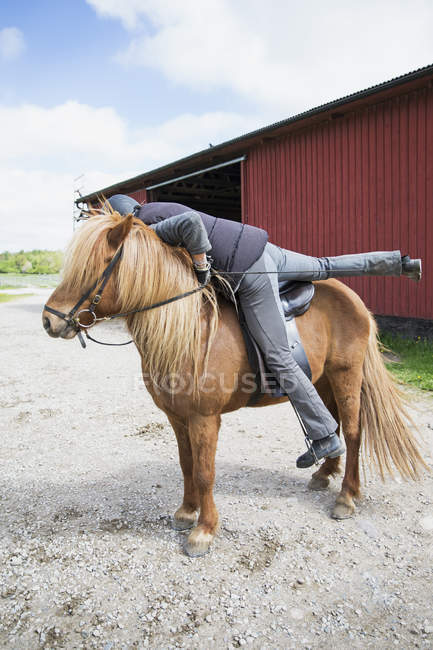 Side view of mature woman mounting horse — Stock Photo