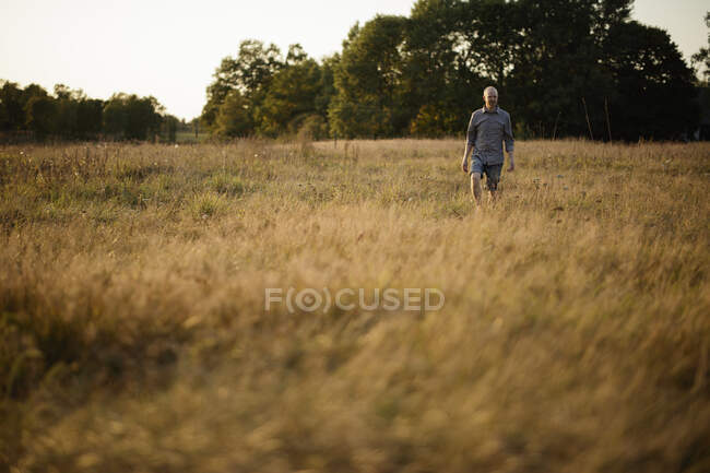 Взрослый мужчина, идущий по полю — стоковое фото