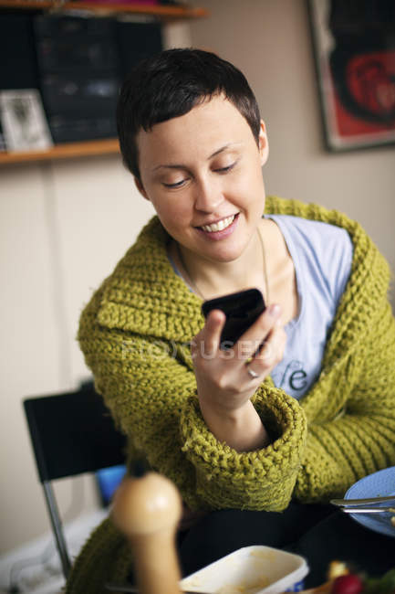 Young woman using phone, selective focus — Stock Photo