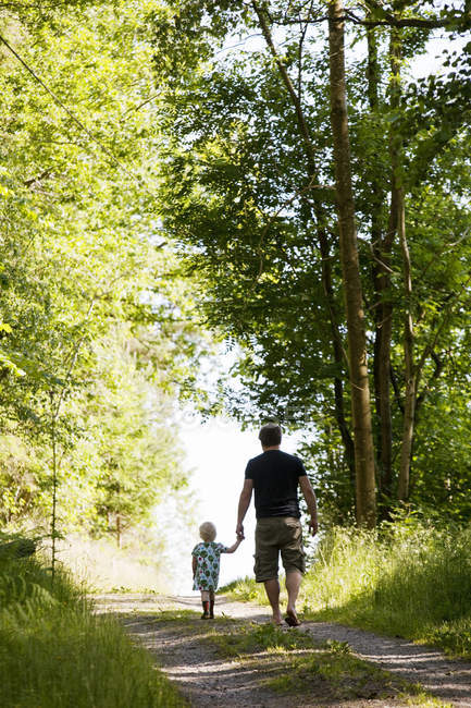 Rear view of father and daughter walking through forest — Stock Photo