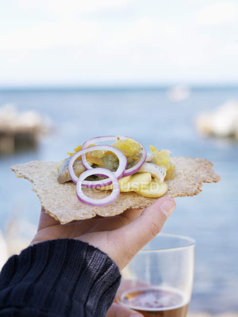 Close-up de mão segurando pão crocante com arenque em conserva e anéis de cebola — Fotografia de Stock