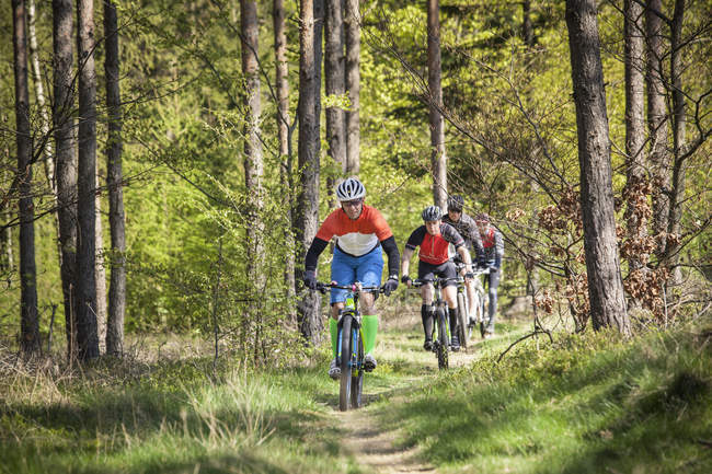 Uomini maturi in sella a mountain bike attraverso la foresta — Foto stock