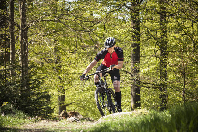 Hombre maduro montando en bicicleta de montaña a través del bosque - foto de stock