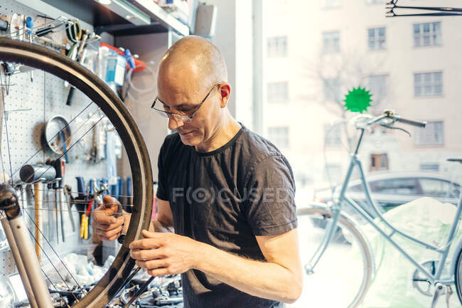 Piccolo imprenditore di negozio di biciclette — Foto stock