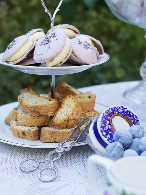Macaroons and biscottis on cake stand, selective focus — Stock Photo