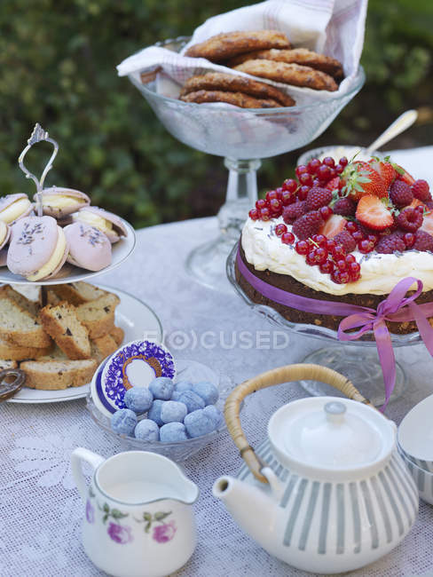 Стіл в саду з чайником і тортом, фокус на передньому плані — стокове фото