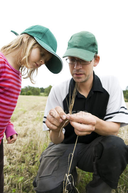 Отец показывает дочери растения в сельской местности, избирательный фокус — стоковое фото