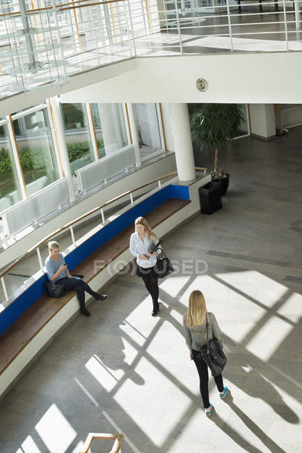 Vista de ángulo alto de las mujeres jóvenes en el interior de la universidad - foto de stock