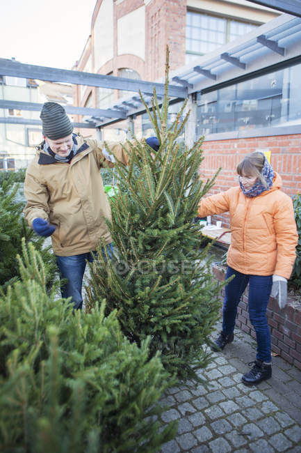 Mature couple shopping for Christmas tree, selective focus — Stock Photo