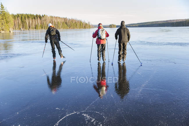 Visão traseira de homens maduros e mulher patinação no gelo no lago congelado — Fotografia de Stock