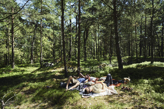 Jovens deitados na floresta em Djurgarden, Suécia — Fotografia de Stock
