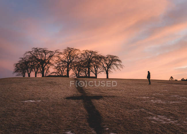 Pessoa no Woodland Cemetery ao pôr do sol em Sodermanland, Suécia — Fotografia de Stock