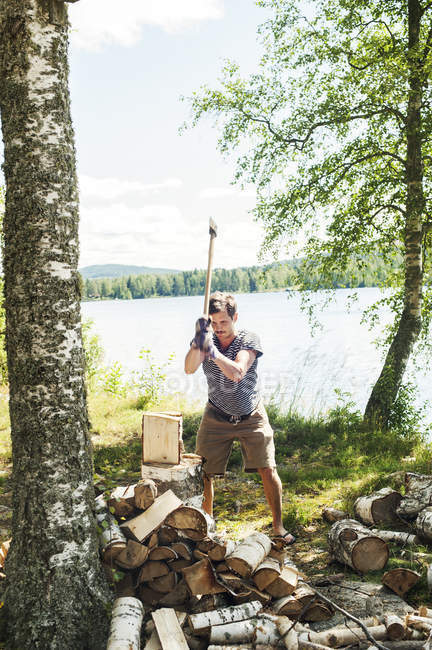 Mid adult man chopping logs at Svadsjo, Sweden — Stock Photo