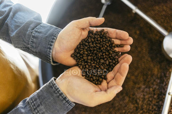 Vista ritagliata di uomo in possesso di chicchi di caffè, messa a fuoco selettiva — Foto stock