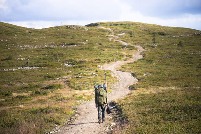 Rear view of man on hiking trail at Pallas-Yllastunturi National Park in Lapland, Sweden — Stock Photo