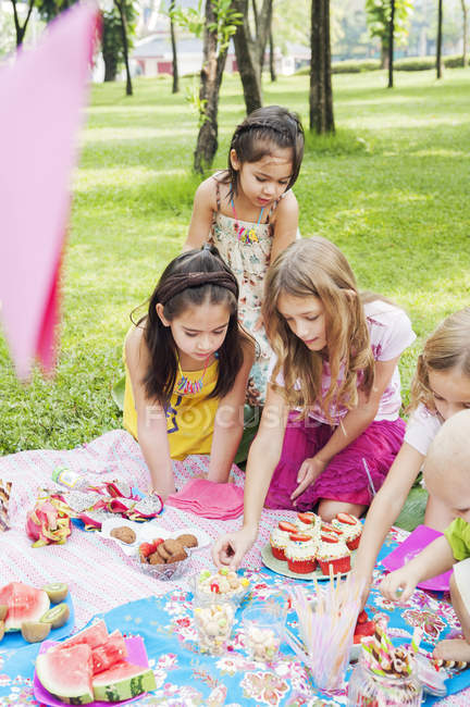 Niños en el picnic de cumpleaños, concéntrense en el primer plano - foto de stock