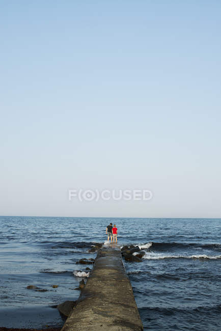 Vue arrière d'adolescents debout sur un mur de mer à Simrishamn, Suède — Photo de stock