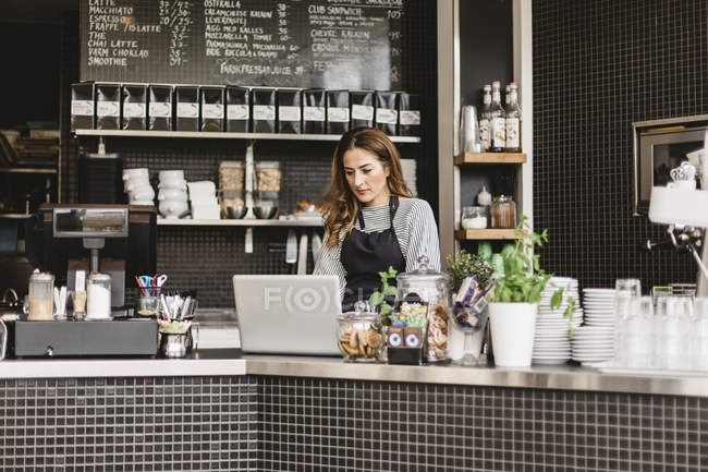Barista mit Laptop am Café-Tresen, selektiver Fokus — Stockfoto