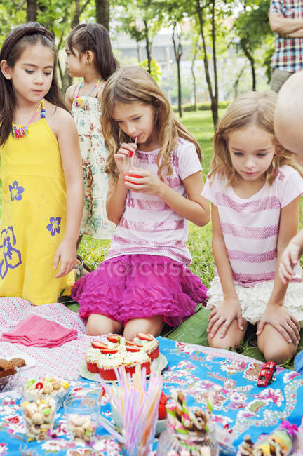 Діти на день народження пікнік, зосередьтеся на передньому плані — стокове фото