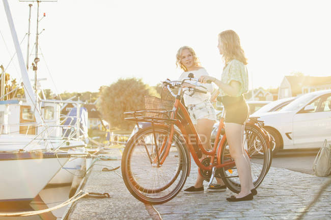 Duas adolescentes com bicicletas de pé na baía da marina no dia ensolarado — Fotografia de Stock