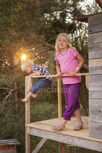Девушка с братом на крыльце домика на дереве, сосредоточьтесь на переднем плане — стоковое фото