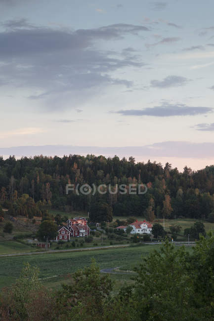 Vista panorámica de casas por campos y bosques - foto de stock