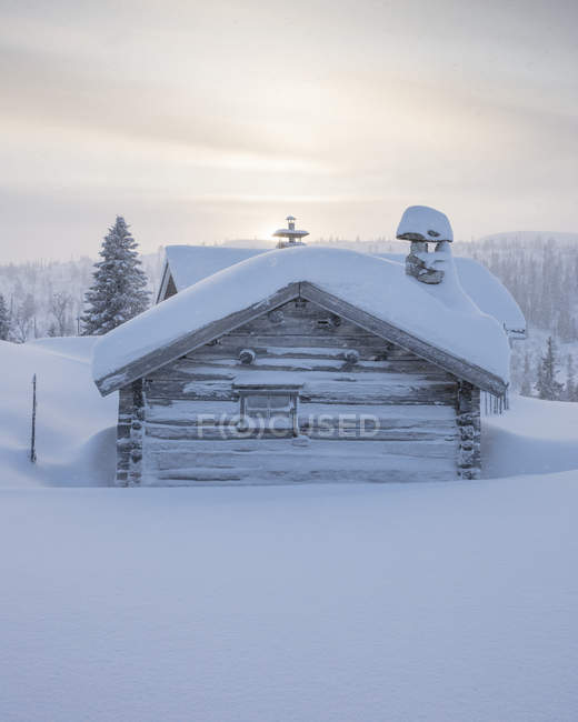 Cabine en rondins recouverte de neige, foyer sélectif — Photo de stock