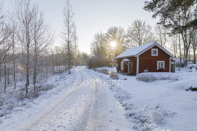 Casa ao lado de estrada rural nevada — Fotografia de Stock