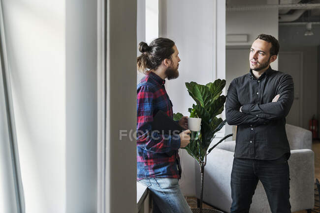 Молоді співробітники чоловічої статі стоять разом і розмовляють вікном — стокове фото