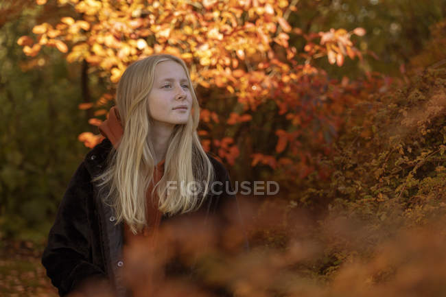 Adolescente par arbres d'automne — Photo de stock