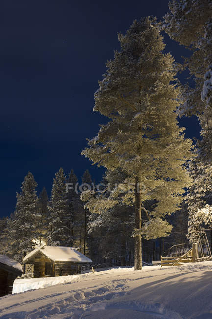 Baita in legno nella neve di notte — Foto stock