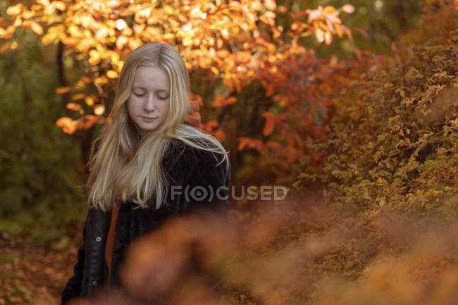 Дівчина-підліток за осінніми деревами, вибірковий фокус — стокове фото