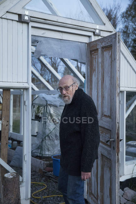 Старший чоловік стоїть перед теплицею, вибірковий фокус — стокове фото
