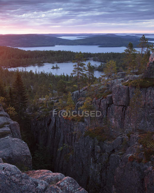 Cliffs and forest by Baltic Sea at sunset in Skuleskogen National Park, Suécia — Fotografia de Stock