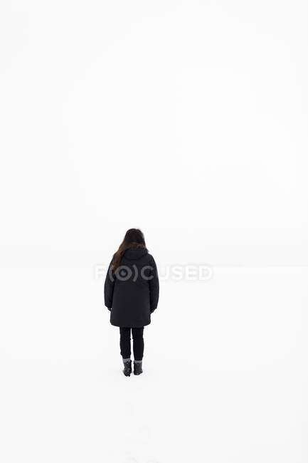 Mulher caminhando no campo no inverno, visão traseira — Fotografia de Stock