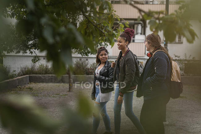 Ragazze adolescenti che camminano nel parco, focus selettivo — Foto stock